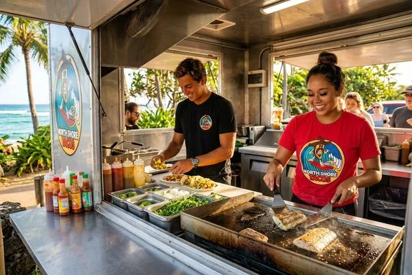 Chef grilling fresh sashimi-grade fish at outdoor food truck kitchen on the North Shore