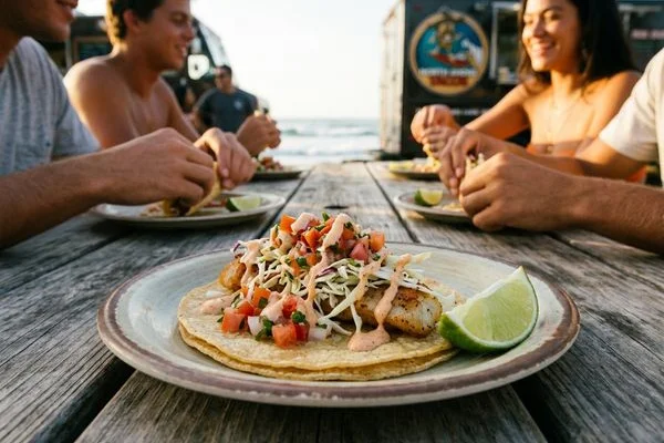 Close up of fresh fish taco with pico de gallo and lime wedge