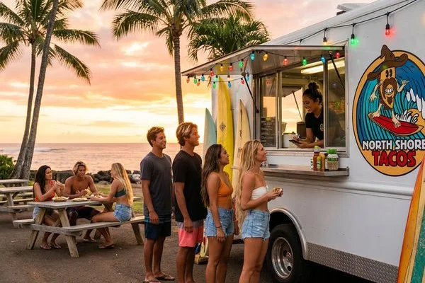 North Shore Tacos food truck at Sharks Cove Pupukea with customers at sunset