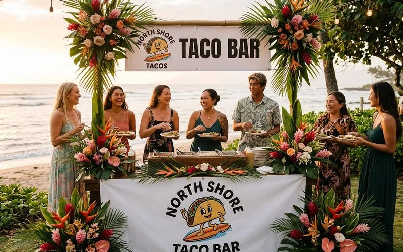 Decorated taco bar station at a sunset beach wedding with tropical flowers and string lights