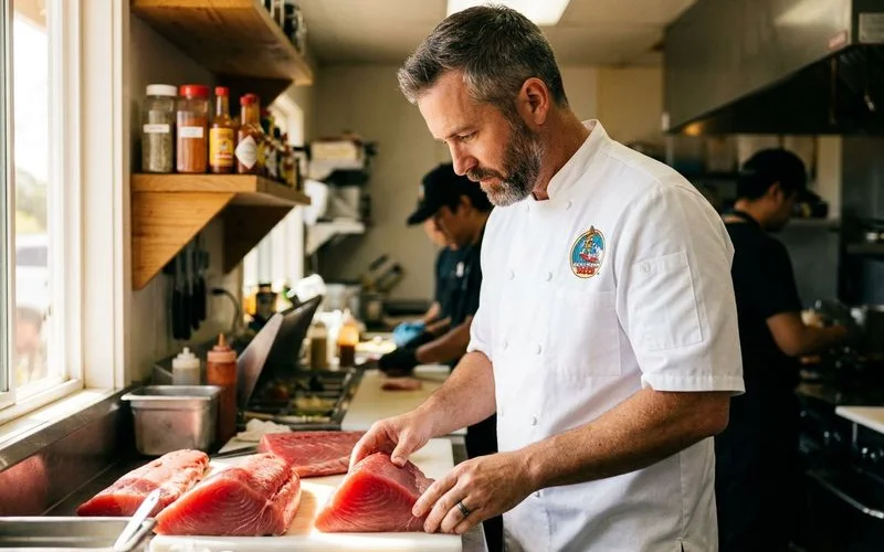 Chef Joey inspecting fresh ahi tuna fillets in the North Shore Tacos kitchen prep area