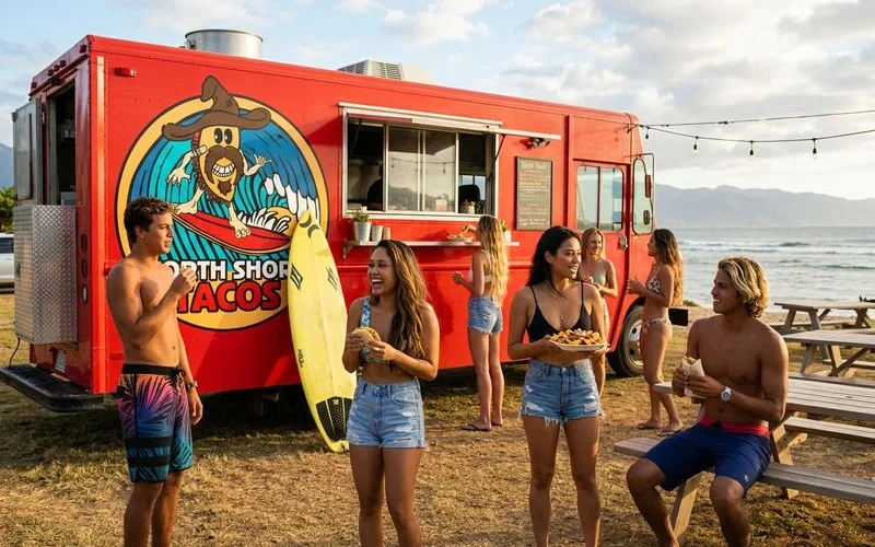 Corporate team building event with North Shore Tacos food truck catering at a beach park