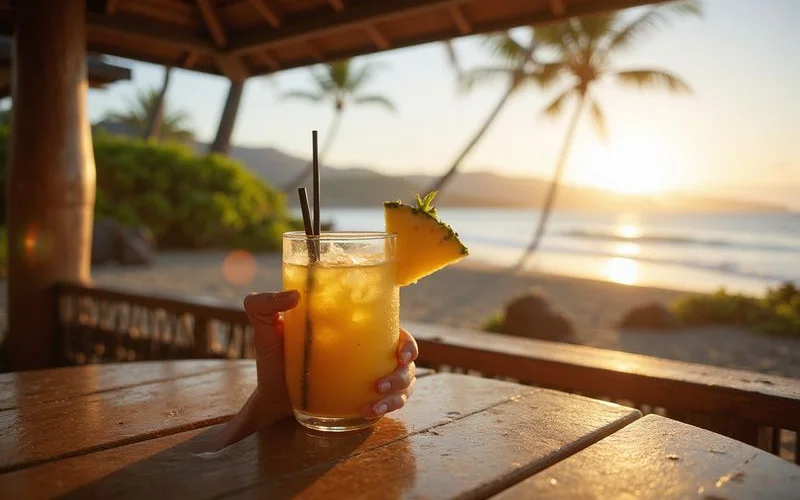 Customer holding a Pineapple Tiki drink with ocean and palm trees in the background on the North Shore