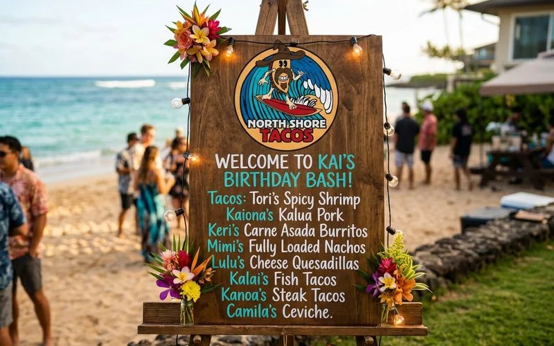 Customized taco catering menu board displayed at a private birthday party on the North Shore