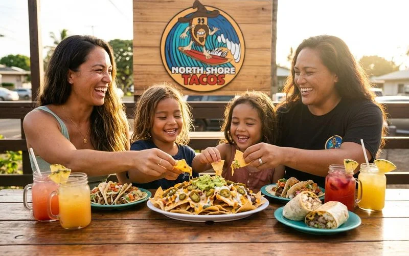 Family of four sharing nachos and tropical drinks at the North Shore Tacos Haleiwa location