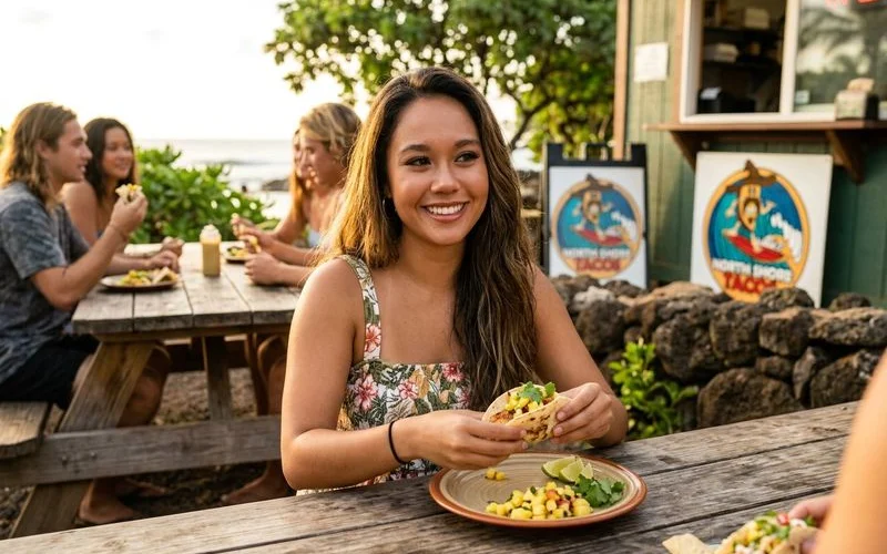 Fresh grilled fish taco plate with pineapple salsa served at North Shore Tacos near Sharks Cove