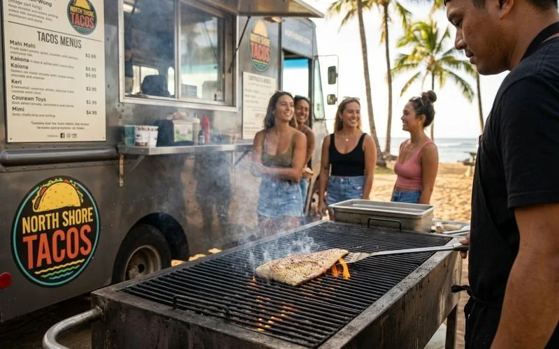 Fresh mahi mahi fillet being grilled on an open flame at North Shore Tacos food truck
