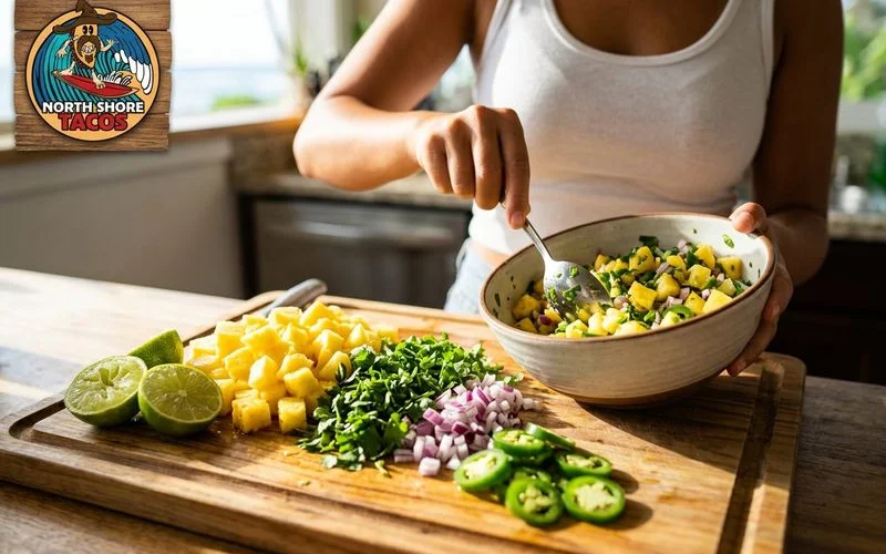 Fresh pineapple salsa being prepared with diced pineapple cilantro jalapeno and lime juice