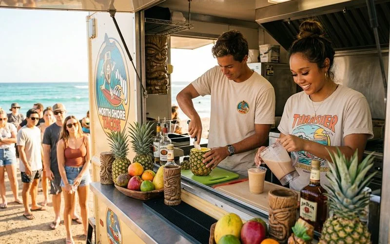 Fresh pineapples being hollowed out and prepared for Pineapple Tiki drinks behind the counter