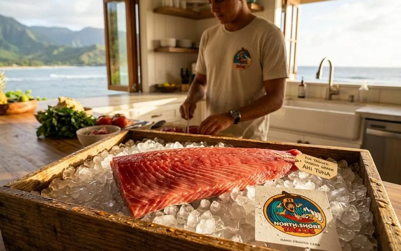 Fresh sashimi-grade ahi tuna fillet on ice at North Shore Tacos kitchen