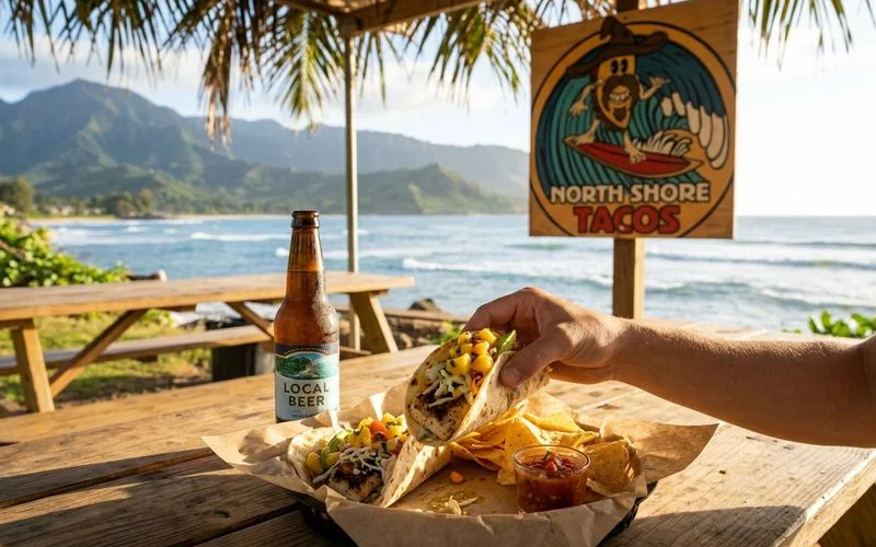 Grilled fresh fish taco topped with mango salsa and tropical slaw from North Shore Tacos
