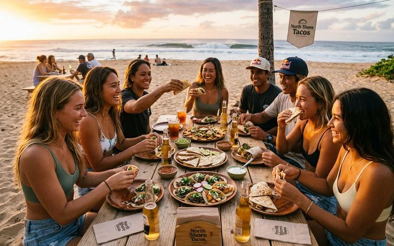 Group of friends sharing Taco Tuesday plates at an outdoor picnic table on the North Shore at sunset