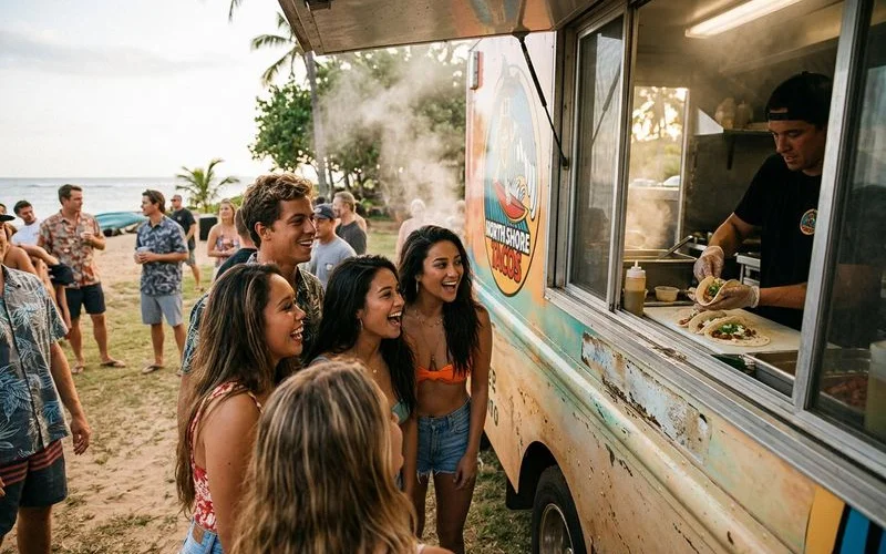 Guests watching tacos being prepared fresh at a food truck catering event with an excited crowd