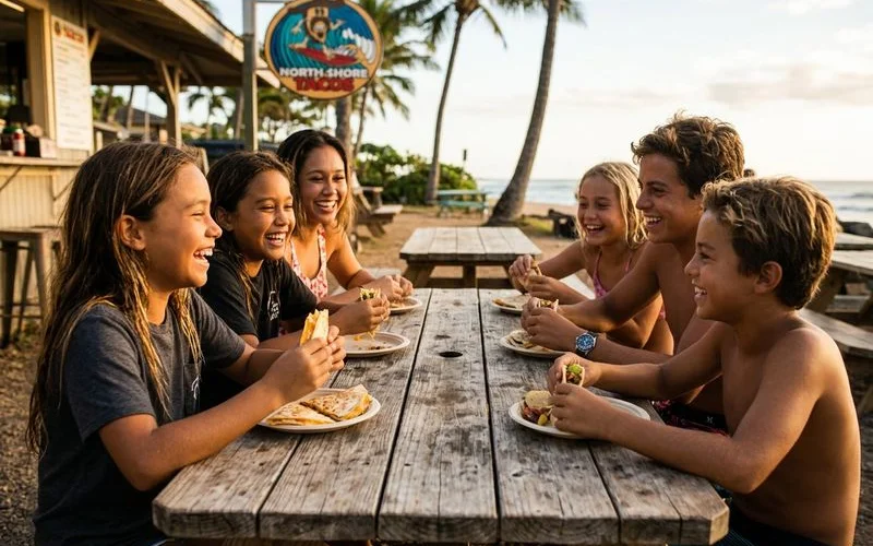 Kids eating cheese quesadillas and mini tacos at an outdoor picnic table on the North Shore