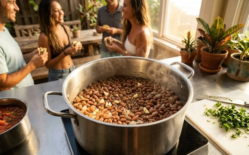 Large pot of pinto beans slow simmering with onion garlic and cumin on a commercial stove