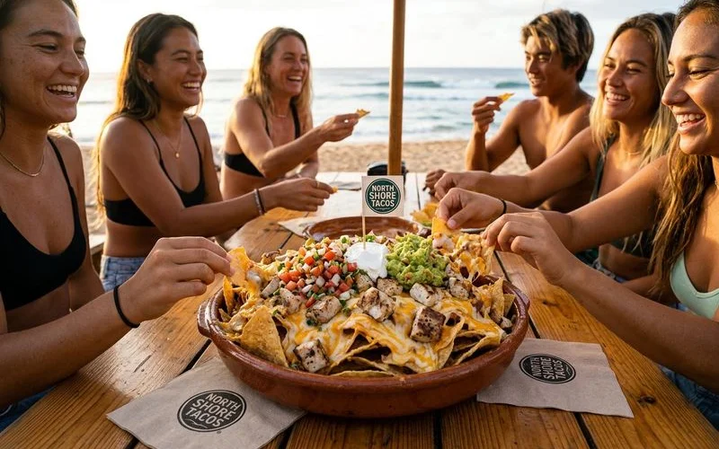 Loaded gnarly nachos plate with melted cheese fresh pico de gallo and grilled fish toppings