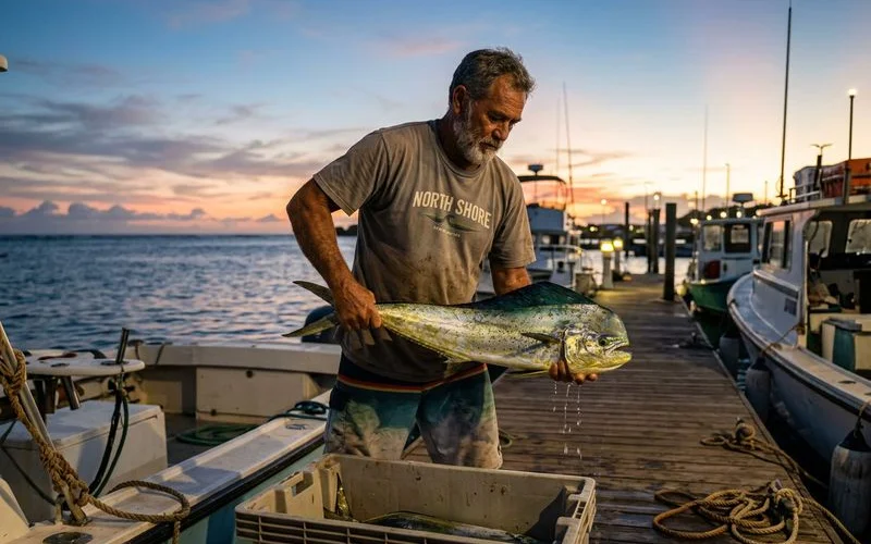 Local Hawaiian fisherman unloading fresh mahi mahi at Haleiwa Harbor before sunrise