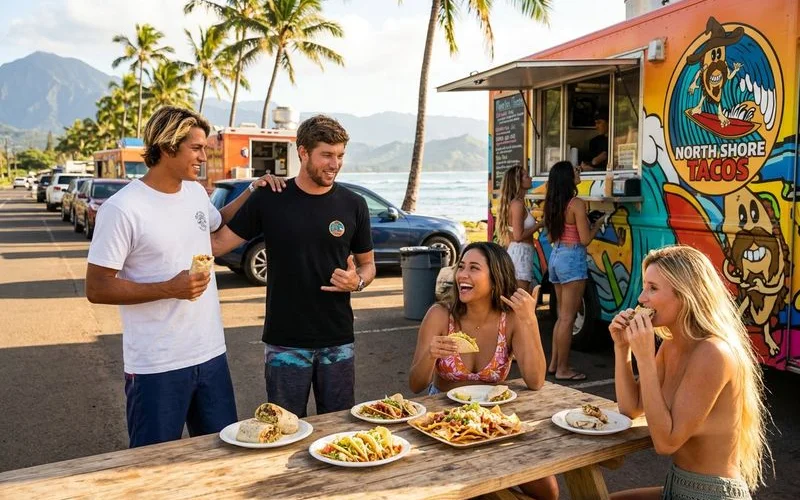 North Shore Oahu coastline with food trucks lined along Kamehameha Highway