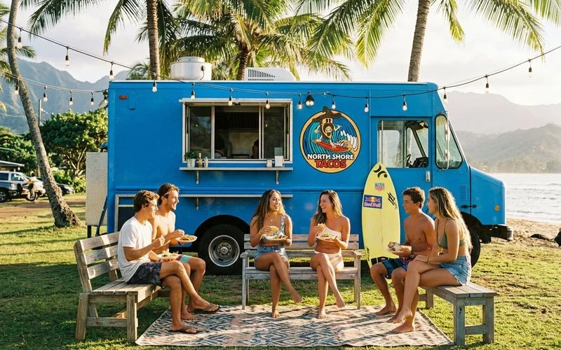 Outdoor event setup with food truck string lights and guests enjoying tacos under palm trees