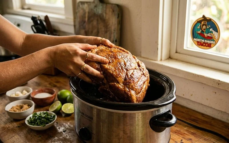 Pork shoulder rubbed with brown sugar garlic and island spices before going into the slow cooker