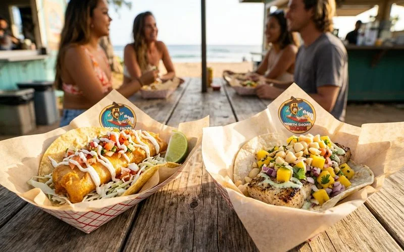 Side by side comparison of a traditional Baja fish taco and the Hawaiian fusion version with tropical toppings