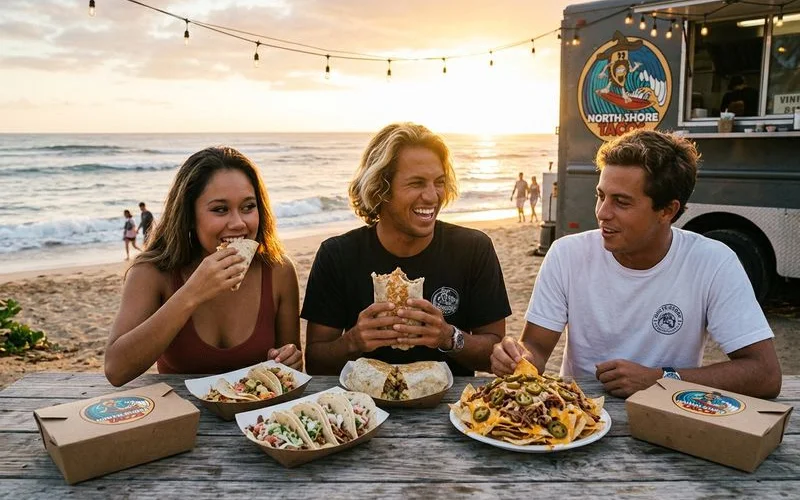 Small fishing boat returning to Haleiwa Harbor at sunrise with a fresh catch of mahi mahi and ono
