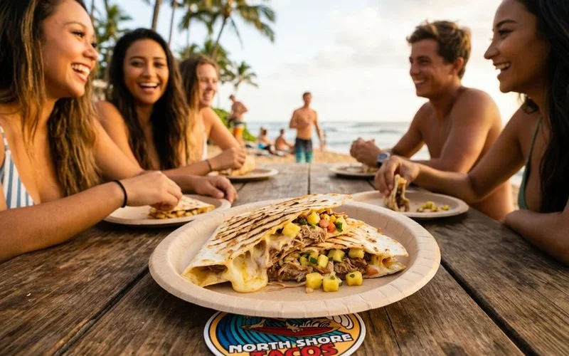 Tender sweet pork loaded into a fresh quesadilla with melted cheese and pineapple salsa on top