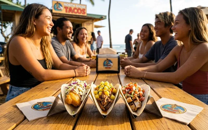 Three different tacos lined up showing fish sweet pork and chicken options with colorful fresh toppings
