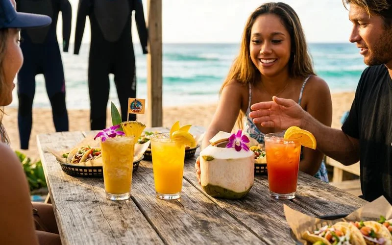 Tropical drinks lineup featuring the Pineapple Tiki mango lemonade and fresh coconut water