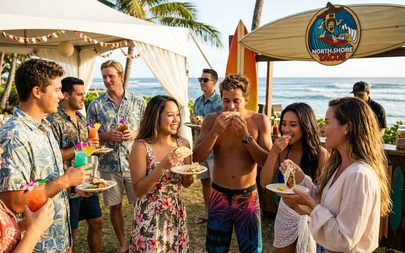 Wedding guests enjoying fresh fish tacos and tropical drinks at an outdoor North Shore reception