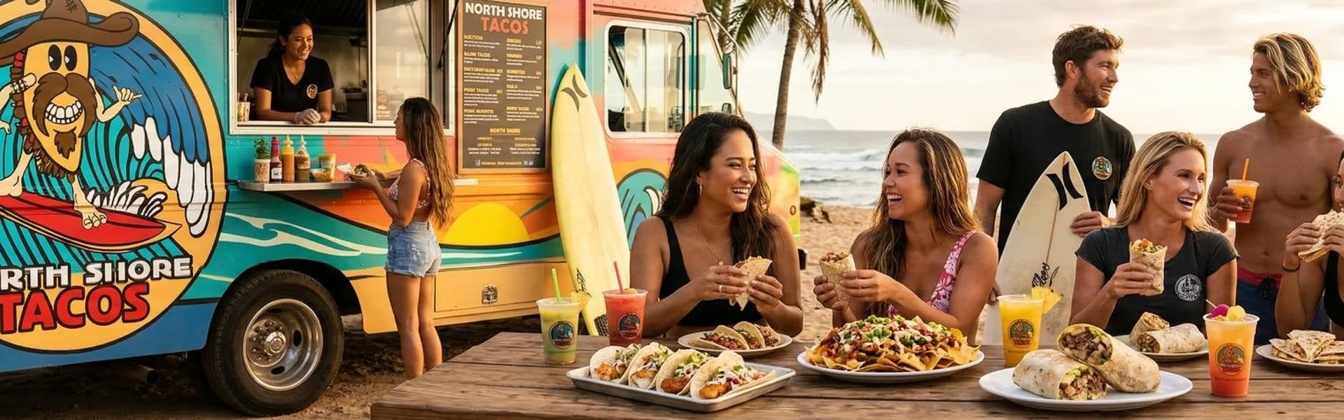 North Shore Tacos full menu spread with tacos, burritos, nachos, and tropical drinks at the beachside