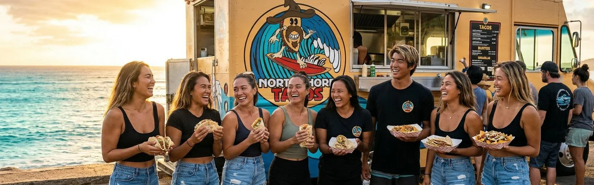 North Shore Tacos team standing in front of food truck at Sharks Cove with ocean in the background