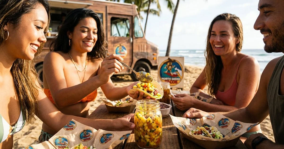 Baja-Hawaiian fusion tacos with pineapple salsa fresh fish and tropical toppings on a surfboard platter