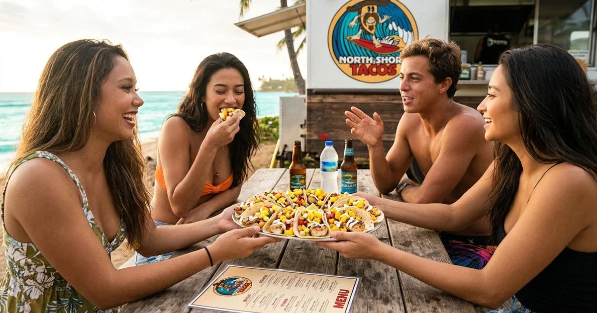 Platter of fresh fish tacos with tropical toppings overlooking the North Shore coastline
