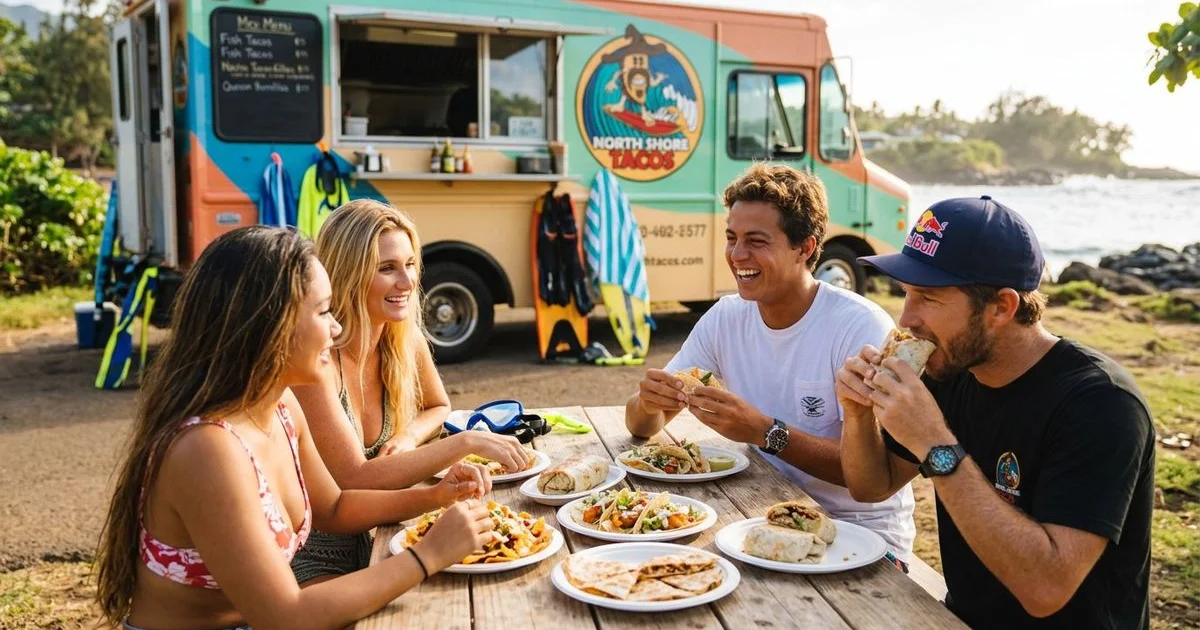Colorful food trucks lined up near Sharks Cove on the North Shore with snorkelers walking up from the beach