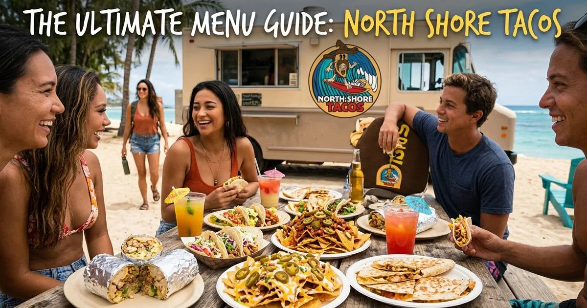 Spread of North Shore Tacos menu items including tacos burritos nachos quesadillas and tropical drinks