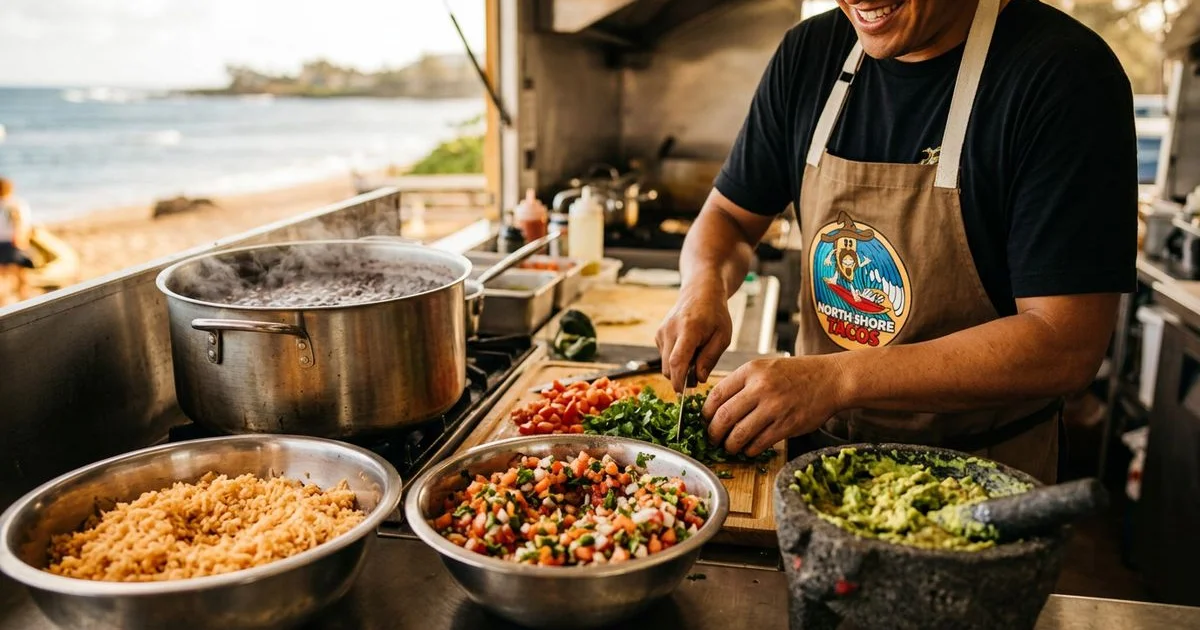 North Shore Tacos kitchen with freshly prepared salsas beans and rice being made from scratch every morning