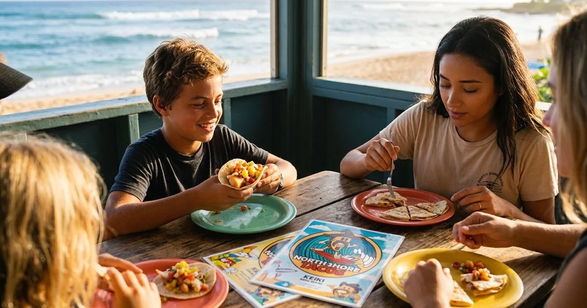 Family enjoying keiki menu meals at North Shore Tacos with kids eating tacos and quesadillas outdoors