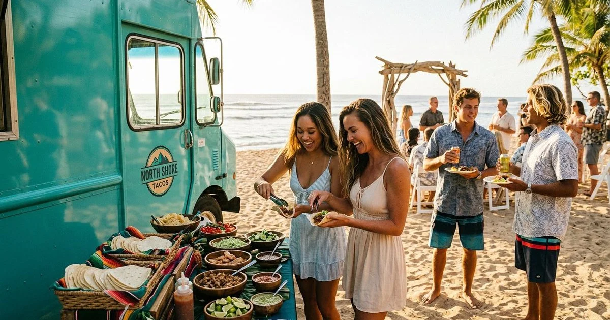 North Shore Tacos food truck set up for a beach wedding catering event on Oahu's North Shore