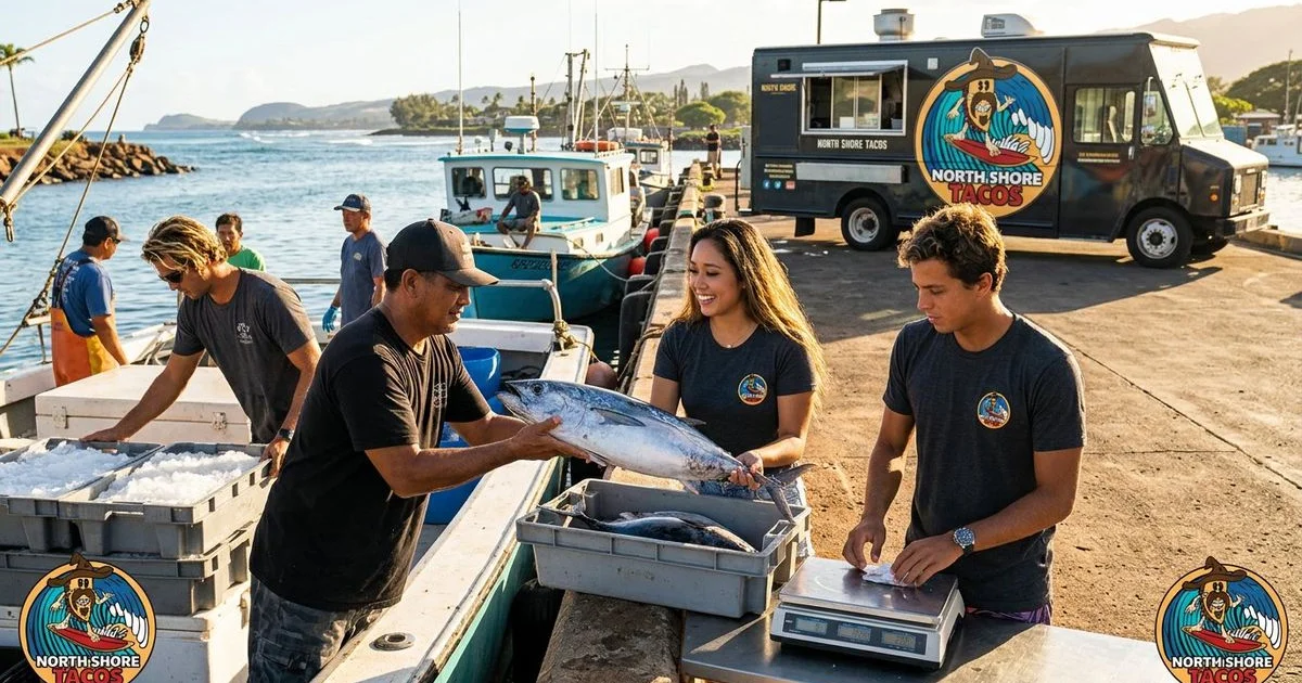 Early morning fish sourcing at Haleiwa Harbor with local fishermen unloading the day's fresh catch