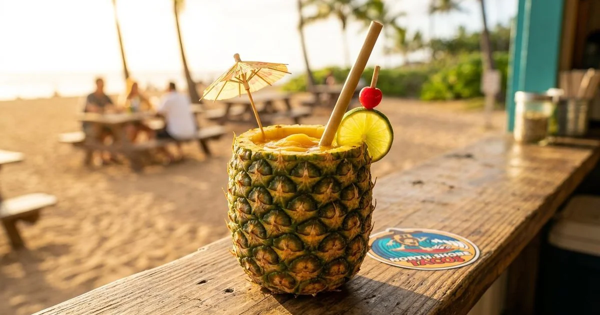 The Pineapple Tiki signature drink served in a hollowed out real pineapple with a paper umbrella and straw