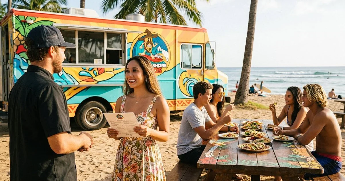 Event catering setup with taco stations and tropical decorations at a North Shore outdoor venue
