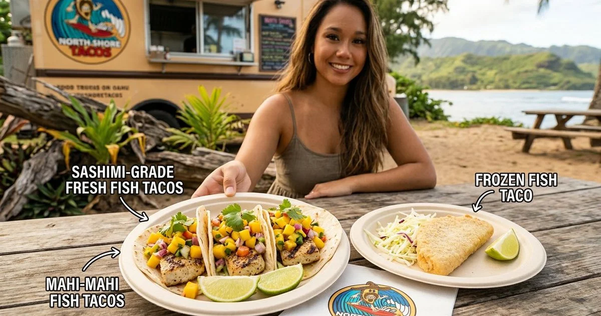 Side-by-side comparison of sashimi-grade fresh fish and frozen fish fillets used for tacos at North Shore Tacos