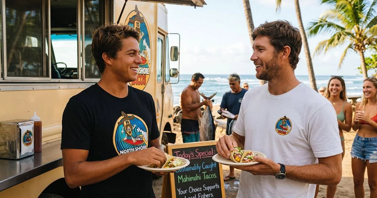 Local North Shore fisherman holding fresh sustainably caught fish with ocean and boats in the background