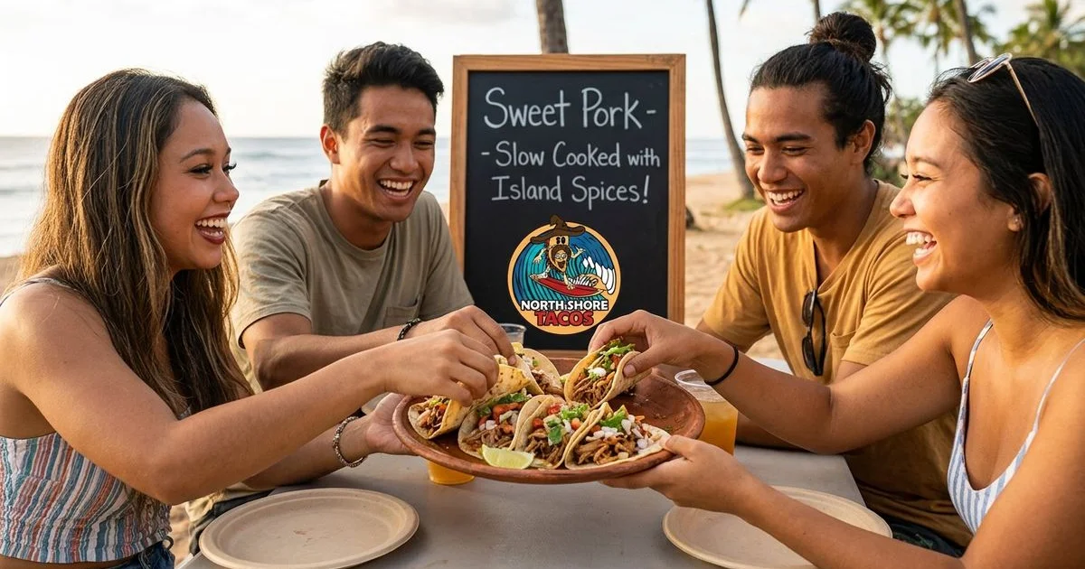 Slow cooked sweet pork being pulled apart with forks showing tender caramelized meat at North Shore Tacos