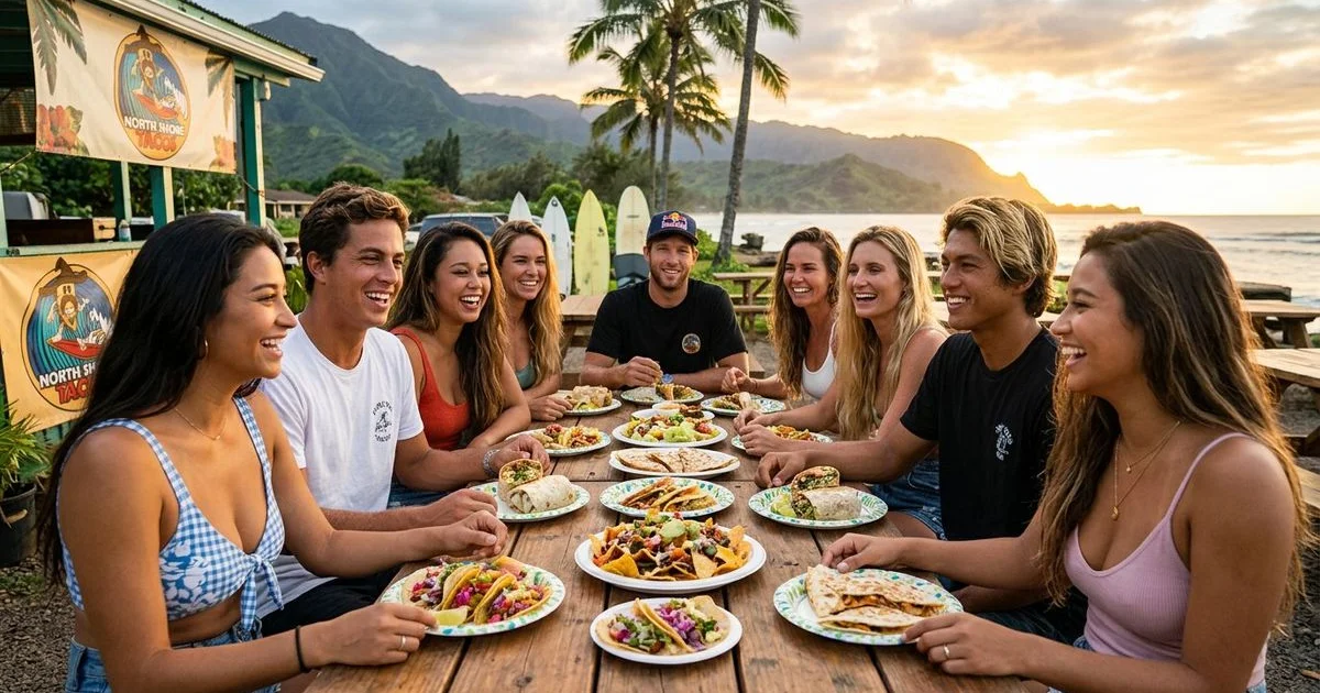 Assortment of tacos on a table with Taco Tuesday specials at North Shore food spots on Oahu