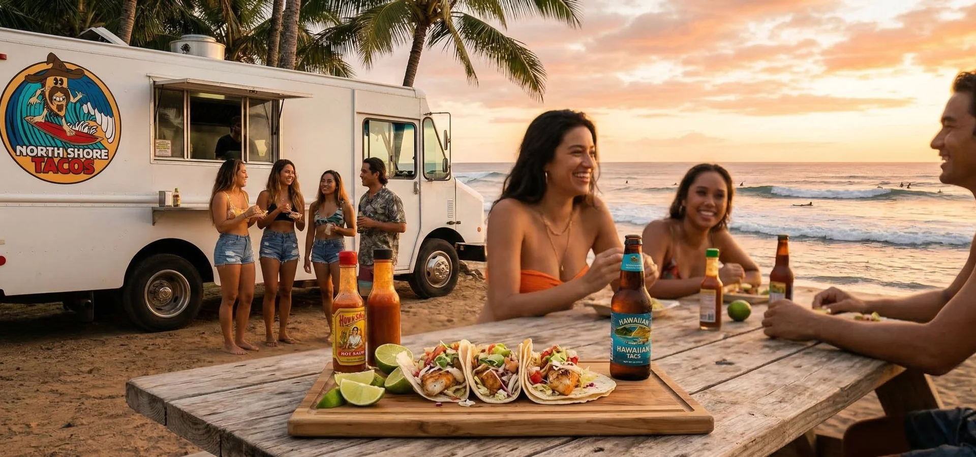 Fresh fish tacos served at outdoor beachside food truck on the North Shore of Hawaii during golden hour sunset